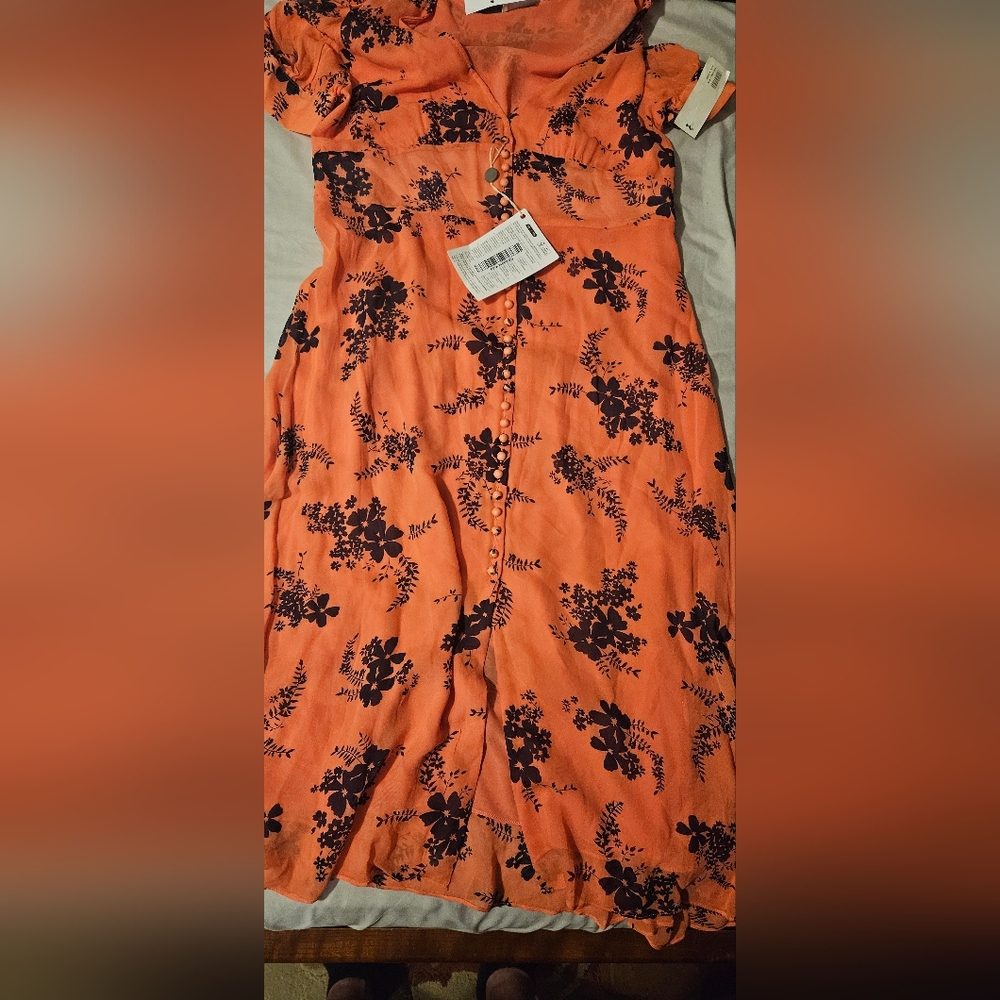 Michael Kors Coral Peach Blouse with Black Floral Design